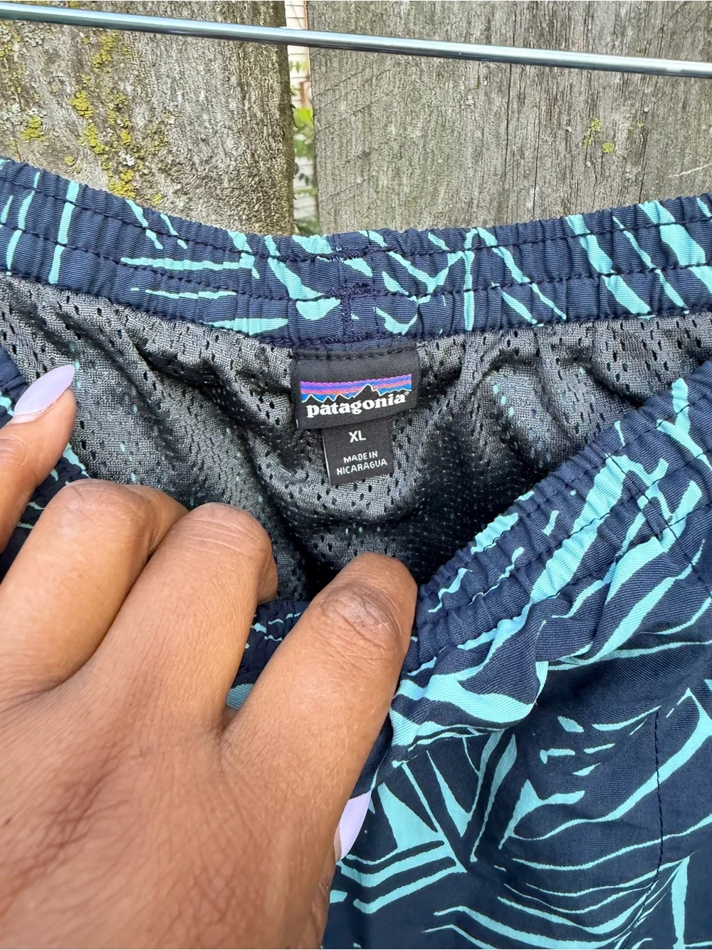 Patagonia Navy and Teal Leaf-Print Swim Shorts